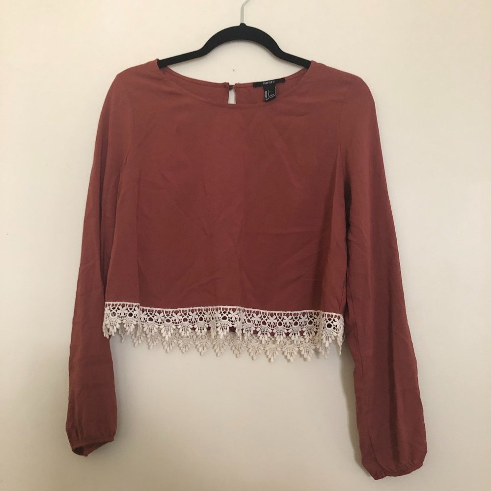 Forever 21 Rust Lace-Hem Boho Blouse | Long Sleeve | Size S - Picture 4 of 11